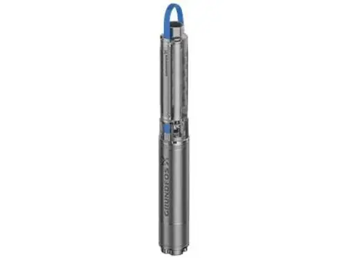 Unterwasserpumpe von Grundfos mit einem langen, schlanken Design und einem blauen Haltegriff. Gehäuse aus Metall und sichtbare Pumpenelemente.